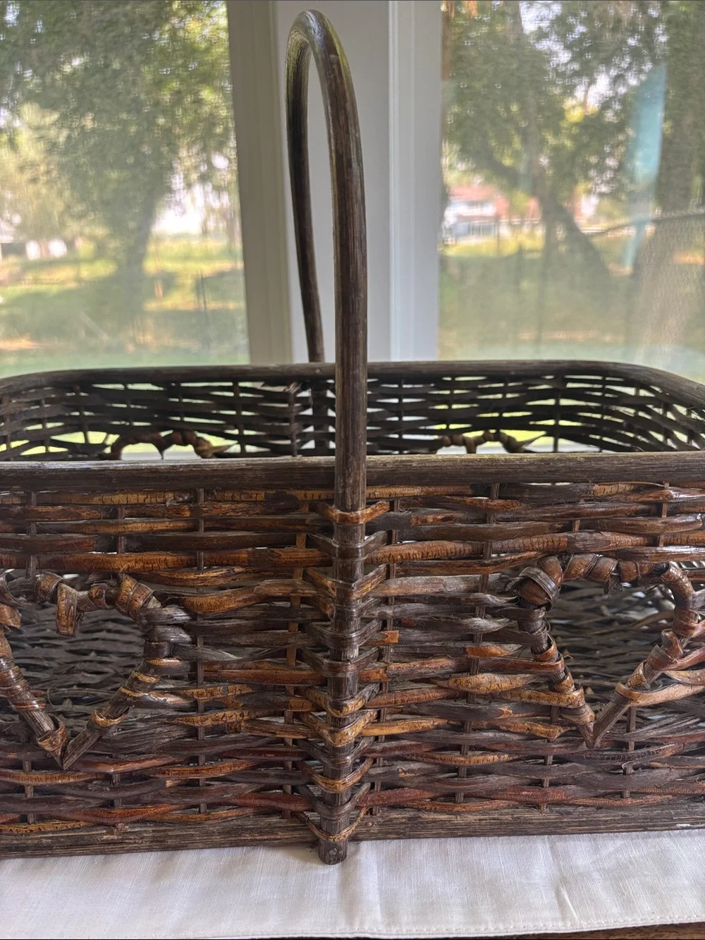 Vintage Woven Wicker Basket with Heart Cutouts 17”x9.5” Cottagecore